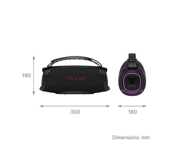 LG XBOOM Go XG8 portable Bluetooth speaker with dimensions 300mm x 180mm x 190mm, featuring a sleek black design.