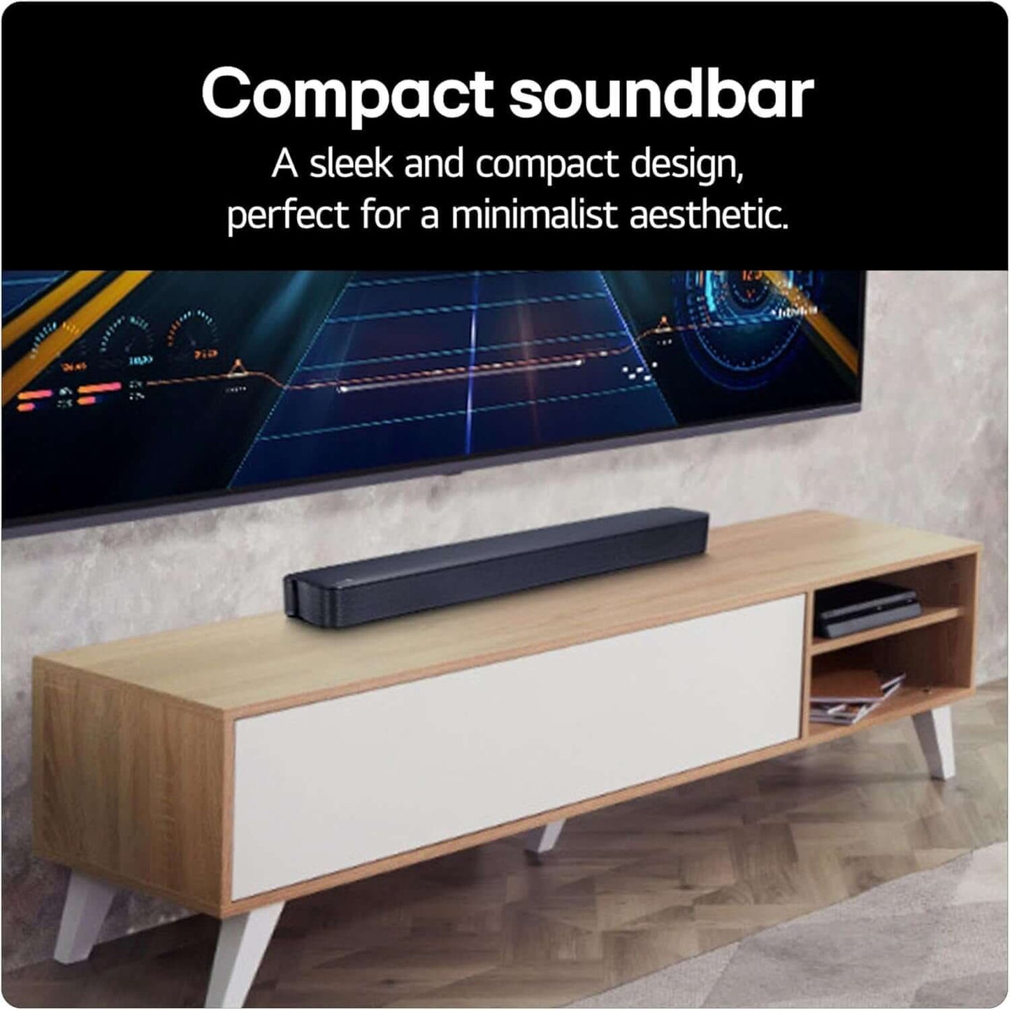 LG SOUNDBAR 2.0 WIRELESS BLUETOOTH COMPACT 40W OPTICAL PORT 3.5MM BLACK SQM1 displayed on a minimalist furniture.