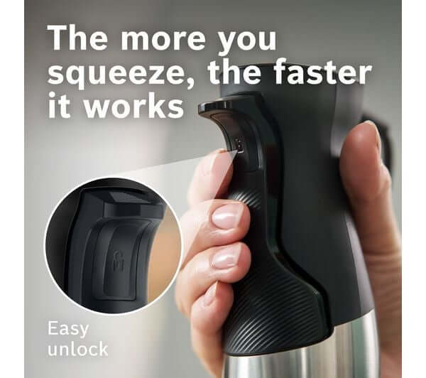 BOSCH ERGOMASTER 3 IN 1 PRESSURE CONTROLLED SPEED HAND BLENDER 1000W MSM6M623GB showing easy unlock feature with squeeze action.