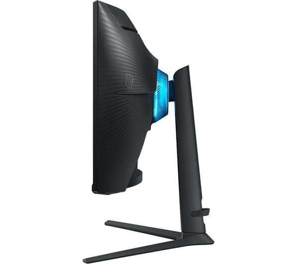 SAMSUNG ODYSSEY G65B LS32BG650EU 32-inch curved VA gaming monitor side view with adjustable stand and blue lighting.