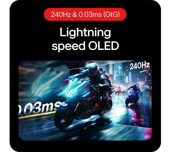 LG ULTRAGEAR GX7 gaming monitor showcasing lightning speed OLED technology at 240Hz and 0.03ms response time.