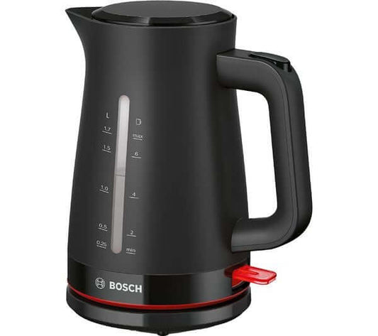 BOSCH MyMoments TWK3M123GB 3000W 1.7L ELECTRIC CORDLESS JUG KETTLE BLACK showing sleek design and water level indicator.