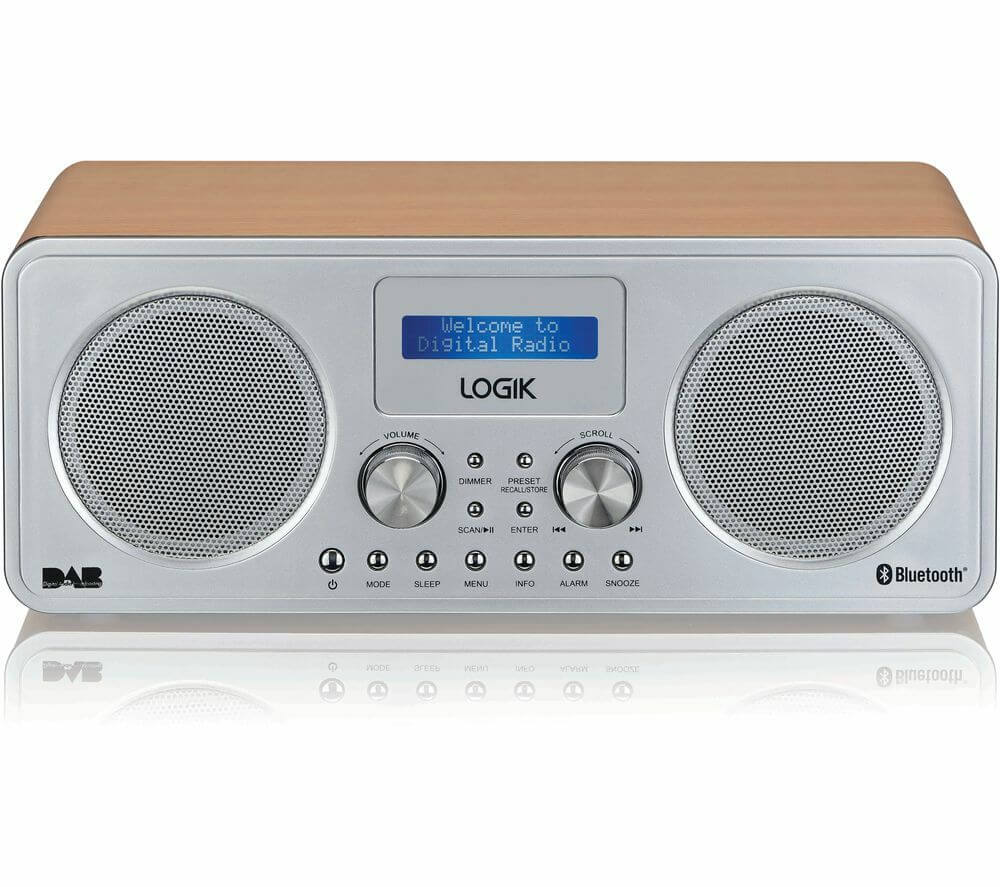 LOGIK L75DAB20 PORTABLE DAB+ FM BLUETOOTH 5.0 RADIO SILVER & WOOD USB on display with digital screen and speakers.