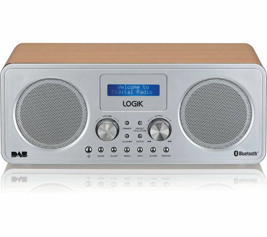 LOGIK L75DAB20 PORTABLE DAB+ FM BLUETOOTH 5.0 RADIO SILVER & WOOD USB on display with digital screen and speakers.
