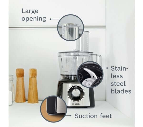 BOSCH MultiTalent3 MCM3501MGB FOOD PROCESSOR 800W 2.3L 2 SPEED SILVER & BLACK showing features like large opening, stainless steel blades, and suction feet.