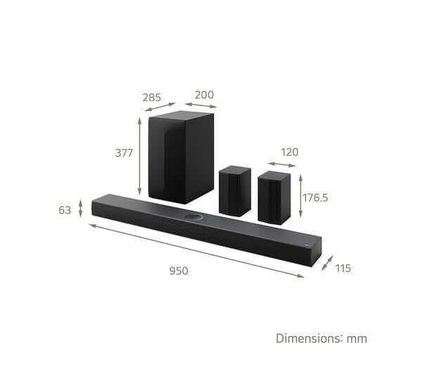 LG SOUNDBAR HOME CINEMA 5.1.1 WIRELESS SUBWOOFER 4K 500W DOLBY ATMOS HDMI US70TR dimensions in mm with soundbar and subwoofer