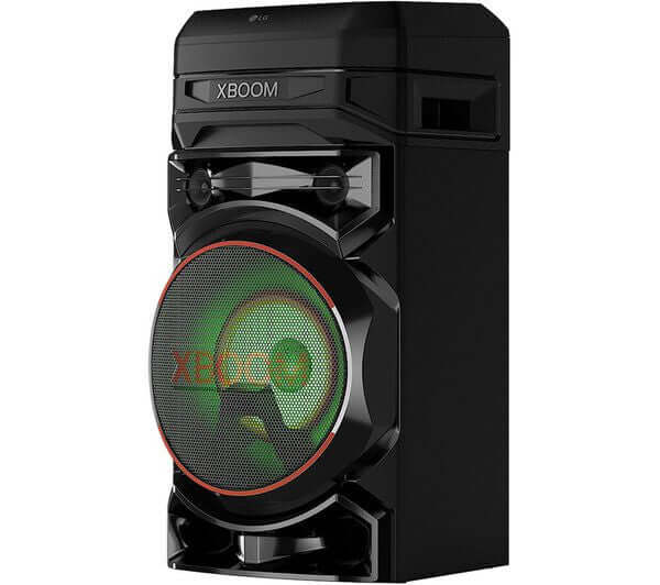 LG XBOOM RNC5 PARTY SPEAKER 300W BLUETOOTH MEGASOUND KARAOKE LED LIGHTS USB in black with LED lights.