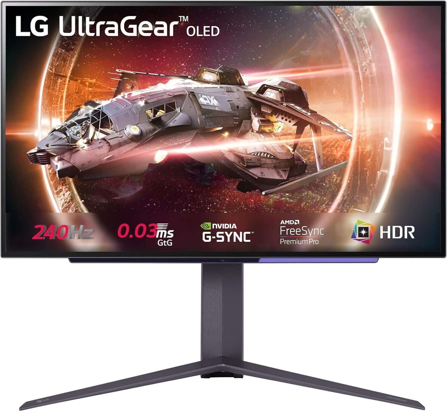 LG UltraGear 27GS95QE 27" OLED gaming monitor showcasing vibrant visuals, 240Hz refresh rate, and G-SYNC compatibility.