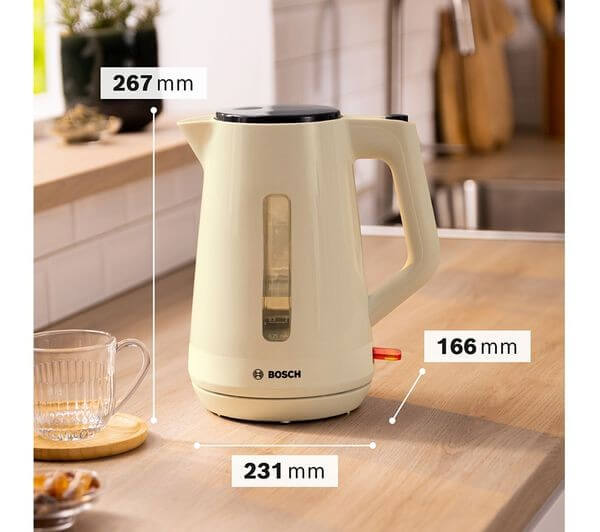BOSCH MyMoments TWK1M127GB 3000W 1.7L DIGITAL DISPLAY ELECTRIC JUG KETTLE CREAM with dimensions and features