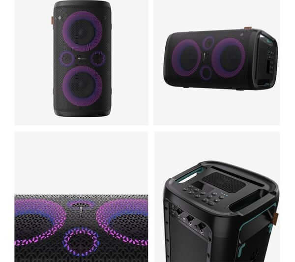 HISENSE PARTY STORM PORTABLE BLUETOOTH MEGASOUND 300W PARTY SPEAKER LED LIGHTS close-up views of speaker design and features