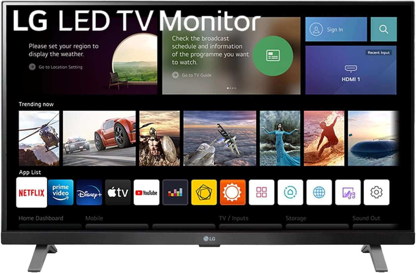 LG 27" Smart Full HD LED TV Monitor displaying streaming apps on screen