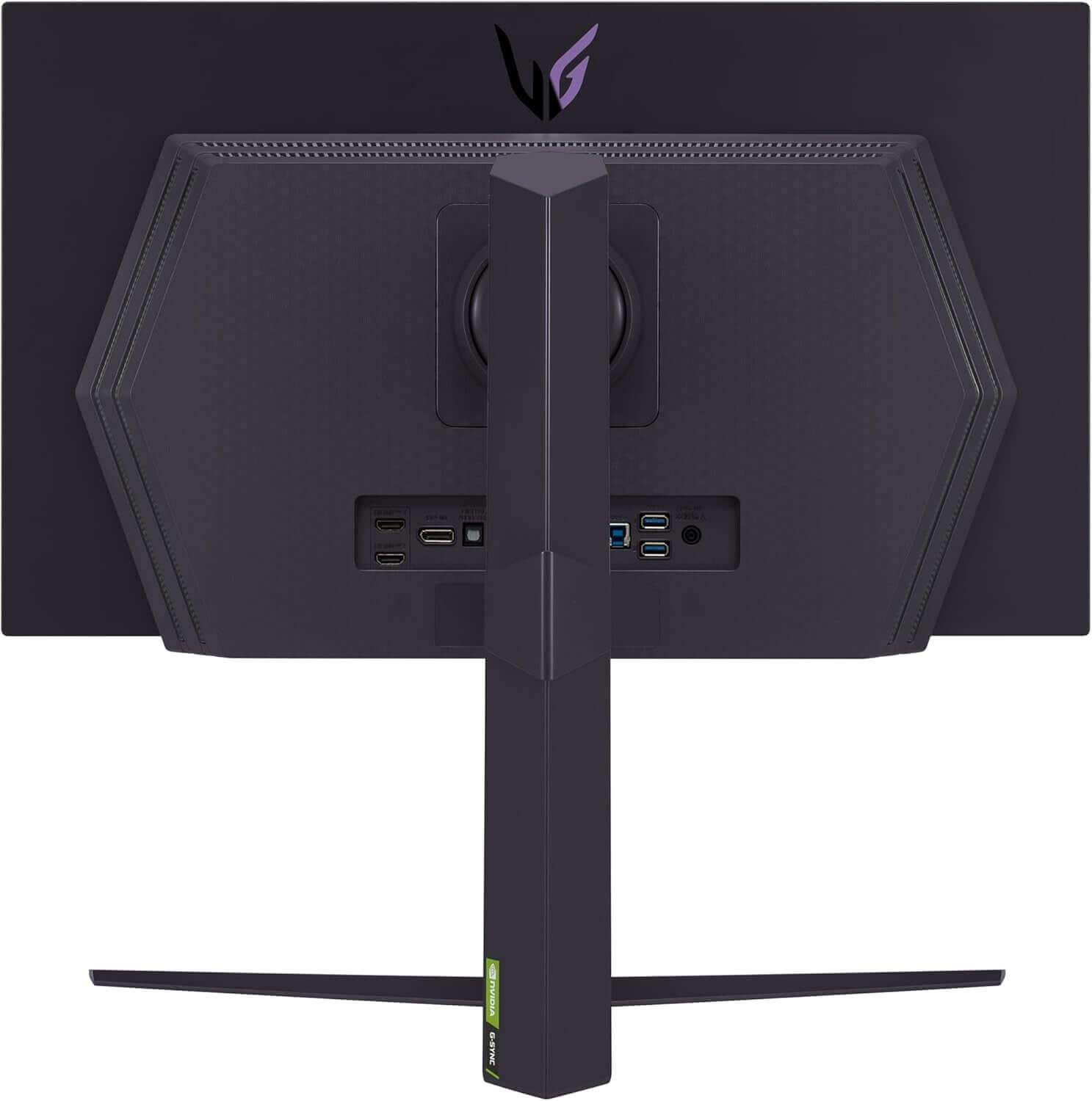LG ULTRAGEAR 27GS95QE 27" QUAD HD 1440P OLED GAMING MONITOR HDMI DISPLAYPORT back view showing ports and stand.