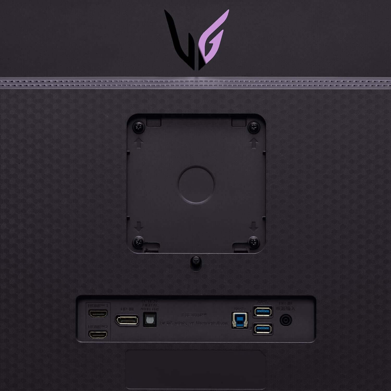 Back view of the LG Ultragear monitor showing ports and mounting options.
