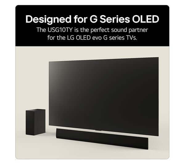 LG USG10TY SOUNDBAR HOME CINEMA 3.1 WIRELESS SUBWOOFER 4K DOLBY ATMOS RRP £999 with G Series OLED TV setup.