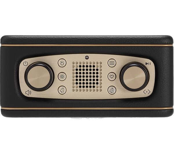 ROBERTS REVIVAL retro clock radio control panel featuring knobs and buttons in black and gold.