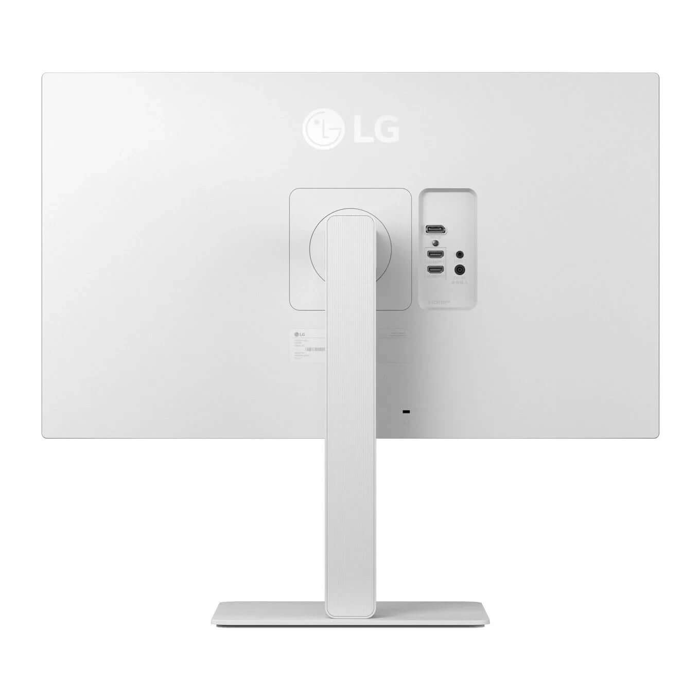 Back view of LG 27US550-W 27" UHD monitor showcasing its sleek white design and ports.