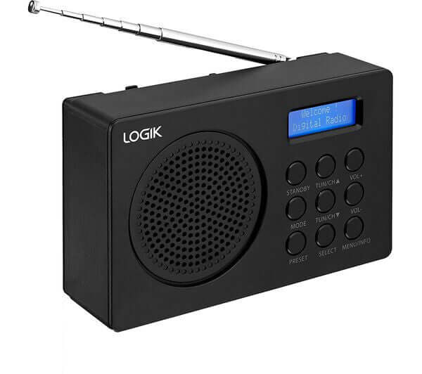 LOGIK L2DAB23 Portable DAB+ FM Radio in black with LCD display and buttons for tuning and volume.