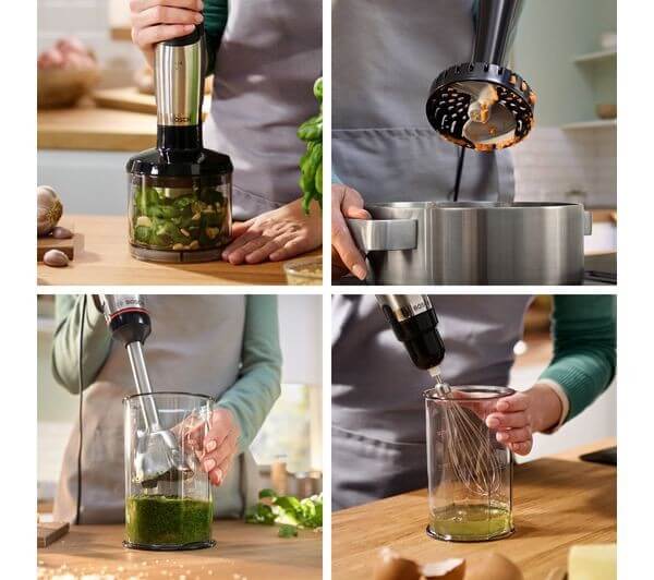 BOSCH ERGOMASTER 3 IN 1 PRESSURE CONTROLLED SPEED HAND BLENDER 1000W MSM6M623GB in use with various accessories.