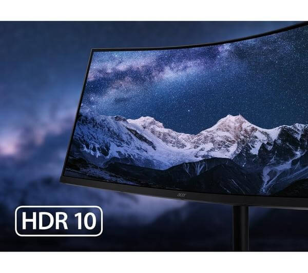 ACER CZ342CUR 34" MONITOR WIDE QUAD HD 1440P CURVED VA LCD HDMI DISPLAYPORT with HDR 10 and mountain scenery.