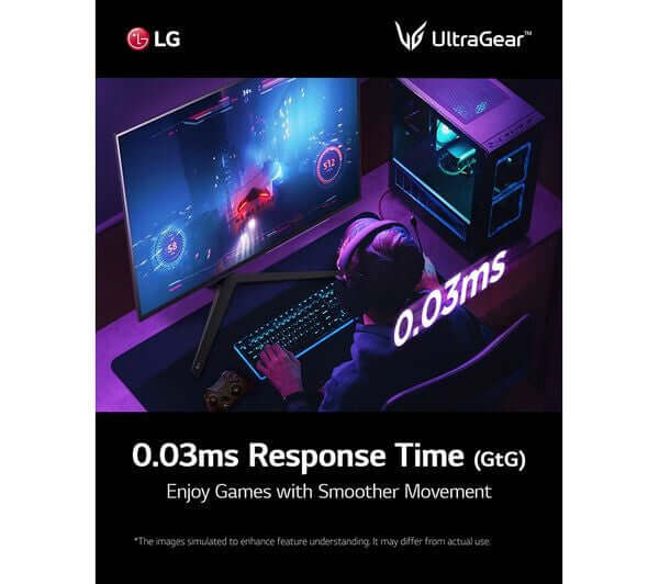 LG 27" MONITOR OLED ULTRAGEAR GAMING QUAD HD 1440P HDMI DISPLAYPORT 27GR95QE showcasing 0.03ms response time for gaming.