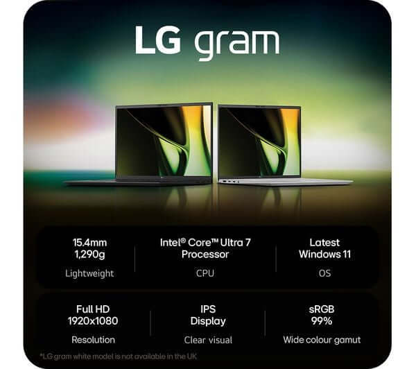 LG 15.6" LAPTOP GRAM 15 CORE ULTRA 7 155H 1TB SSD 16GB DDR5 RAM WIN 11 15Z90S-G