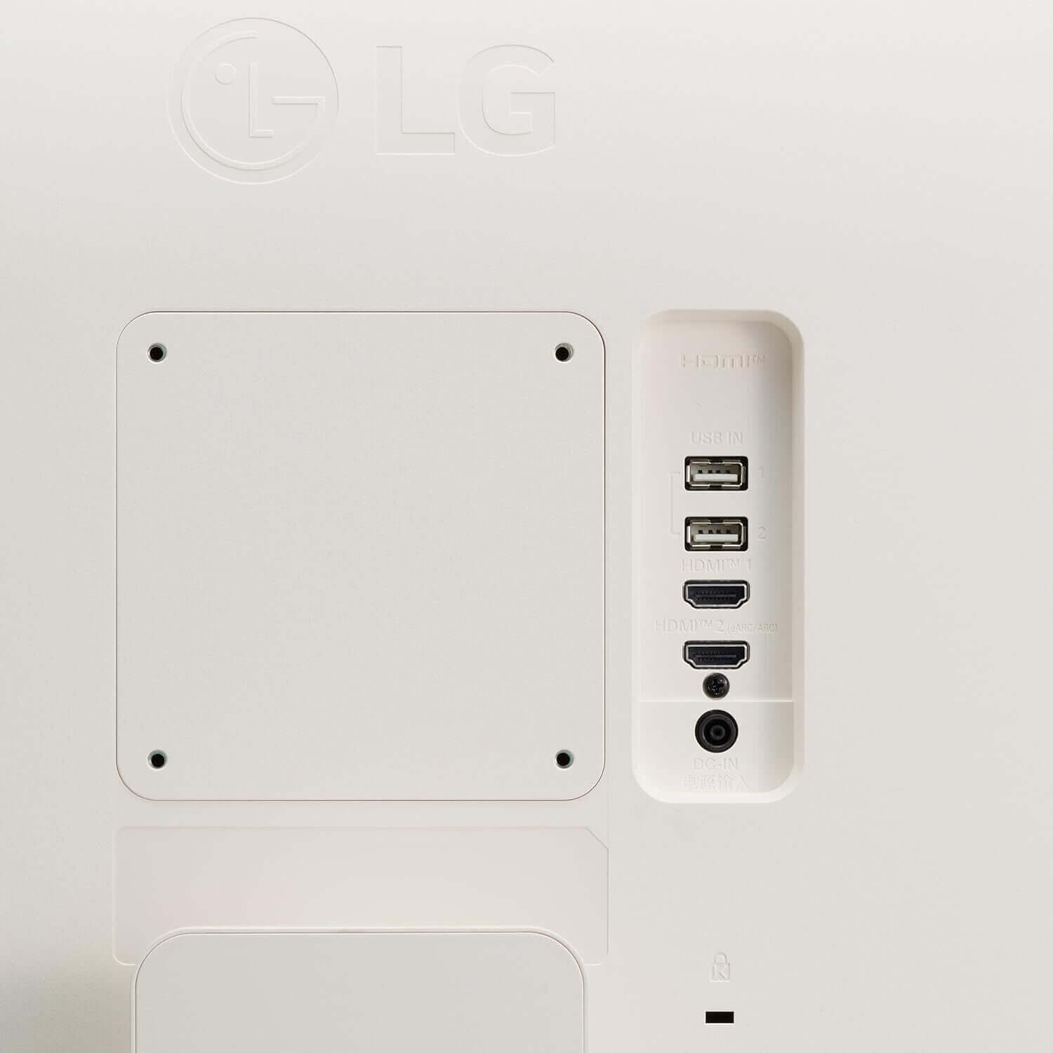 LG MyView 32SR50F-W monitor back panel showing HDMI and USB ports in white.