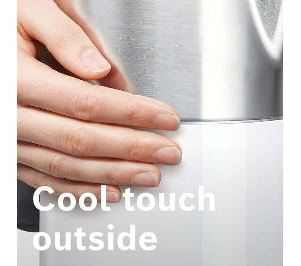 Hand holding the cool touch exterior of the BOSCH Styline TWK8631GB 3000W 1.5L CORDLESS JUG STAINLESS STEEL KETTLE WHITE.