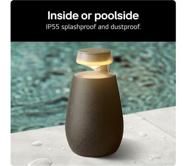 LG XBOOM 360 XO2 portable speaker by poolside, showcasing IP55 splashproof and dustproof features.