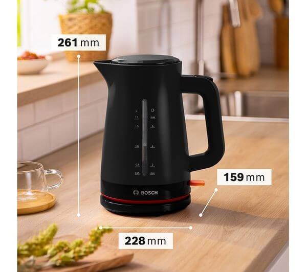 BOSCH MyMoments TWK3M123GB 3000W 1.7L ELECTRIC CORDLESS JUG KETTLE BLACK with dimensions