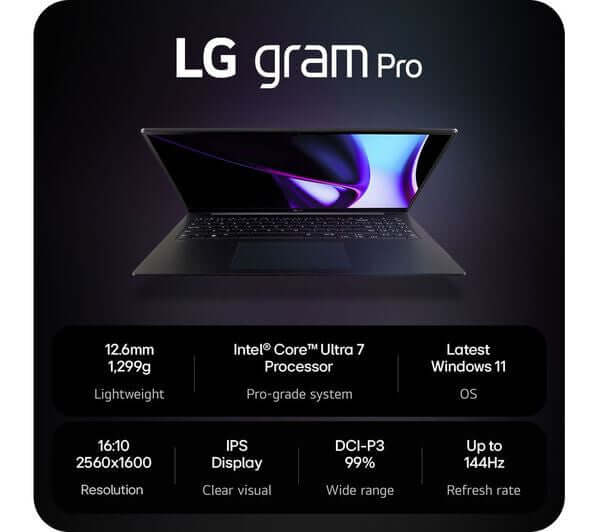 LG 17" LAPTOP GRAM PRO 17 CORE ULTRA 7 155H 1TB SSD 16GB DDR5 RAM 17Z90SP-G