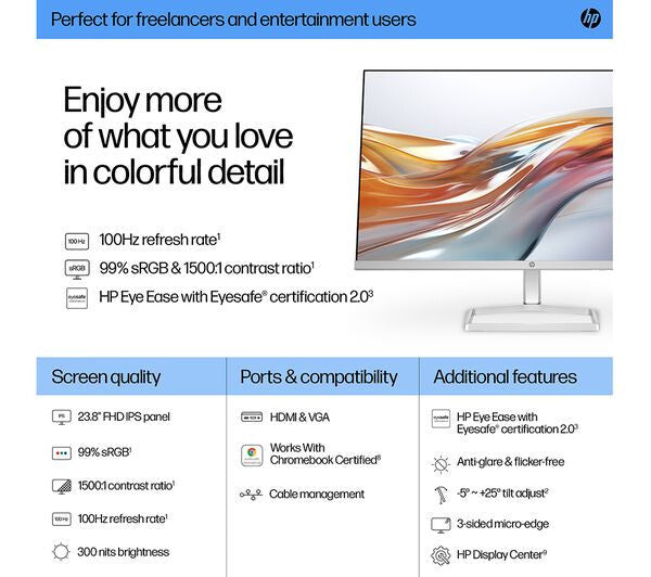 HP SERIES 5 524SW FULL HD 1080P 24" IPS LCD MONITOR 100HZ 5MS HDMI VGA WHITE NEW