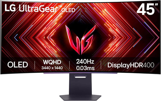 LG UltraGear 45" OLED Gaming Monitor, 3440x1440, 240Hz, 0.03ms response time, curved display for immersive gaming.