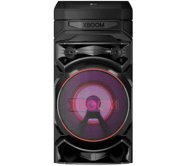 LG XBOOM RNC5 PARTY SPEAKER 300W BLUETOOTH MEGASOUND KARAOKE LED LIGHTS USB front view with LED lights.