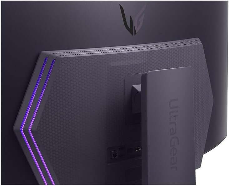 Back view of LG ULTRAGEAR OLED GX9s 45" QUAD HD ULTRAWIDE CURVED GAMING MONITOR 45GX90SA-B with LED accents.