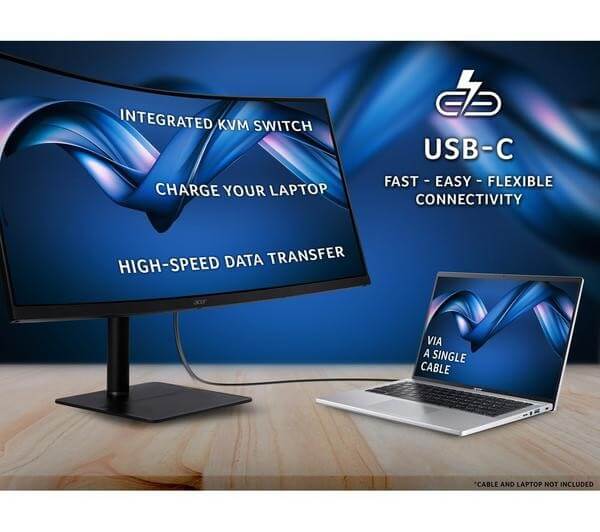 ACER CZ342CUR 34" MONITOR WIDE QUAD HD 1440P CURVED VA LCD HDMI DISPLAYPORT with USB-C connectivity.