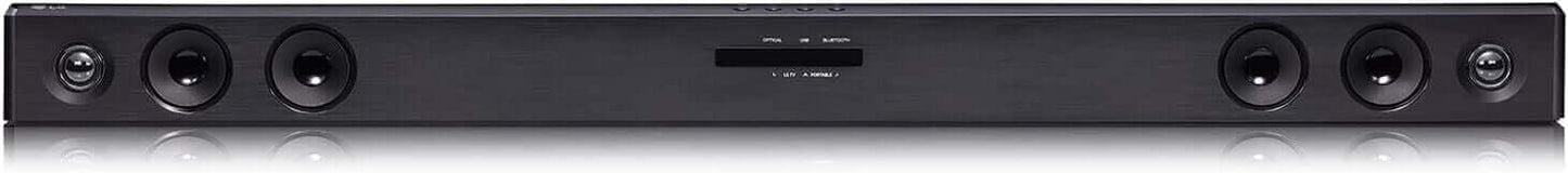 LG SQC2 2.1 wireless Bluetooth soundbar with sleek design and multiple speakers in black finish.