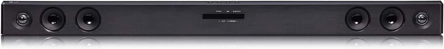 LG SQC2 2.1 wireless Bluetooth soundbar with sleek design and multiple speakers in black finish.