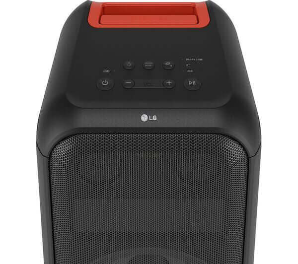 LG XBOOM XL7S Bluetooth megasound party speaker with control panel and LED lights, designed for dynamic audio experiences.