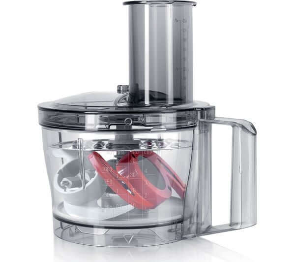 BOSCH MultiTalent3 MCM3501MGB food processor bowl with attachments, transparent design, 2.3L capacity, perfect for food preparation.