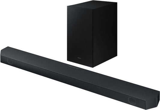 SAMSUNG HW-Q60C/XU wireless 3.1 soundbar and subwoofer, featuring Dolby Atmos and DTS Virtual:X for immersive audio.
