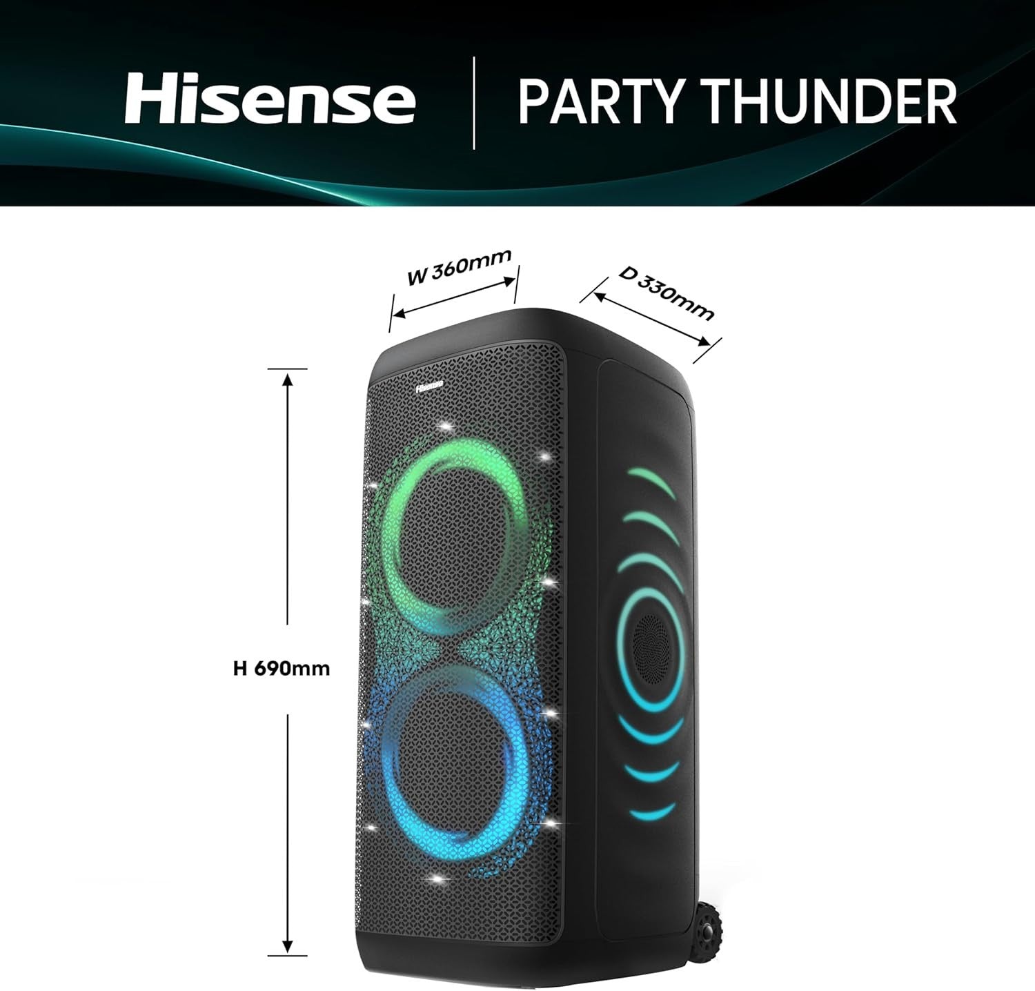 HISENSE PARTY THUNDER PORTABLE BLUETOOTH MEGASOUND 620W PARTY SPEAKER LED LIGHTS