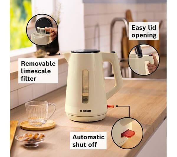 BOSCH MyMoments TWK1M127GB 3000W 1.7L DIGITAL DISPLAY ELECTRIC JUG KETTLE CREAM with removable limescale filter and automatic shut off.