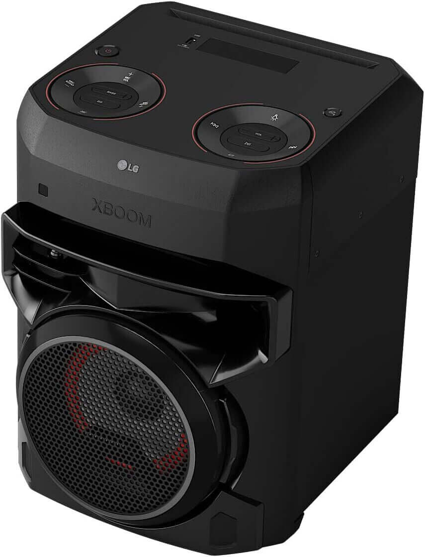 LG XBOOM RNC2 Bluetooth megasound party speaker in black with LED lights and Karaoke mode.