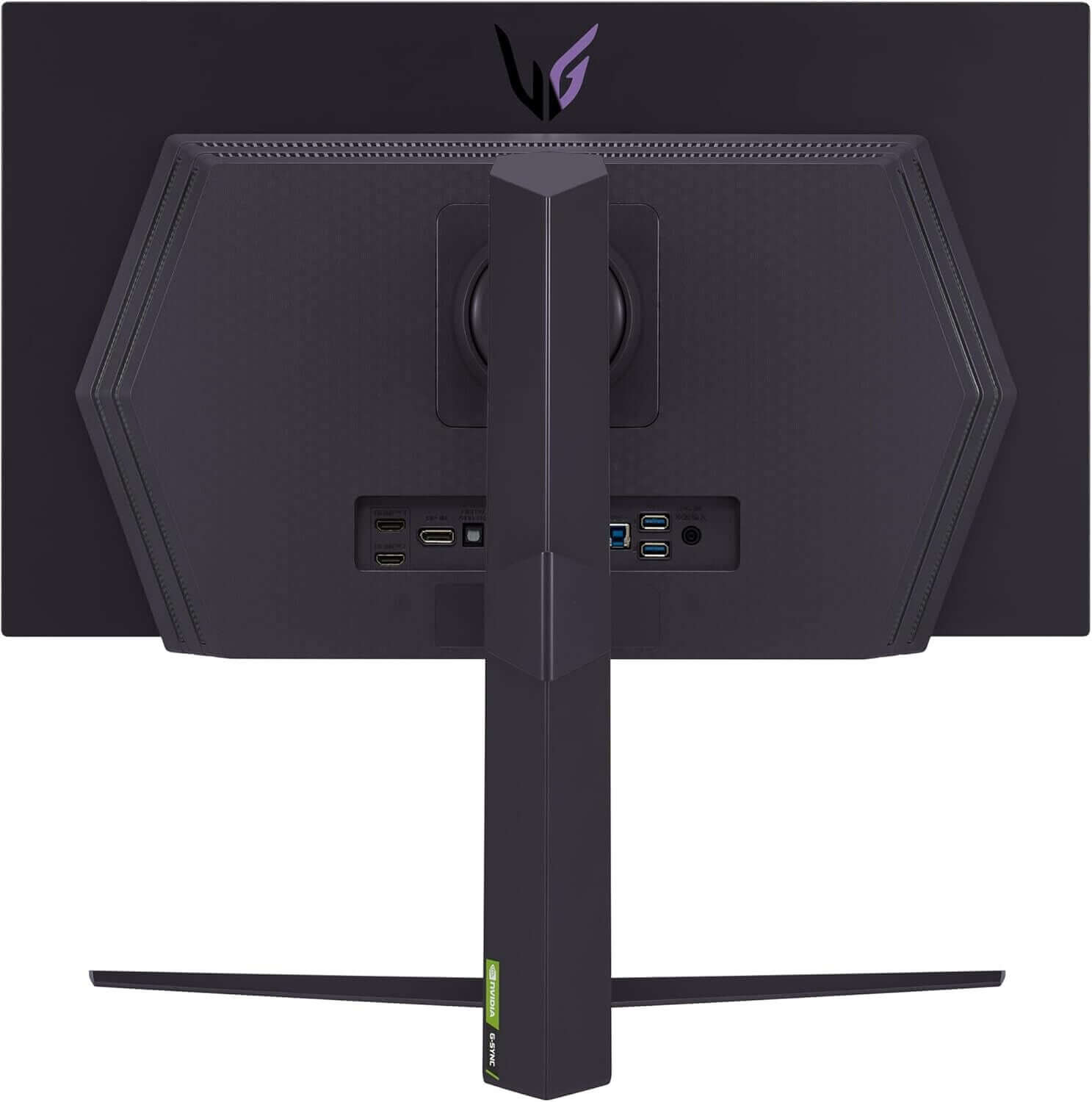 Back view of LG UltraGear 27GS95QE OLED gaming monitor with ports and stand showing sleek design.