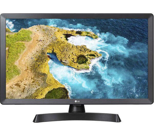 LG 24TQ510S 24" Smart HD LED TV Monitor displaying vibrant coastal scene.