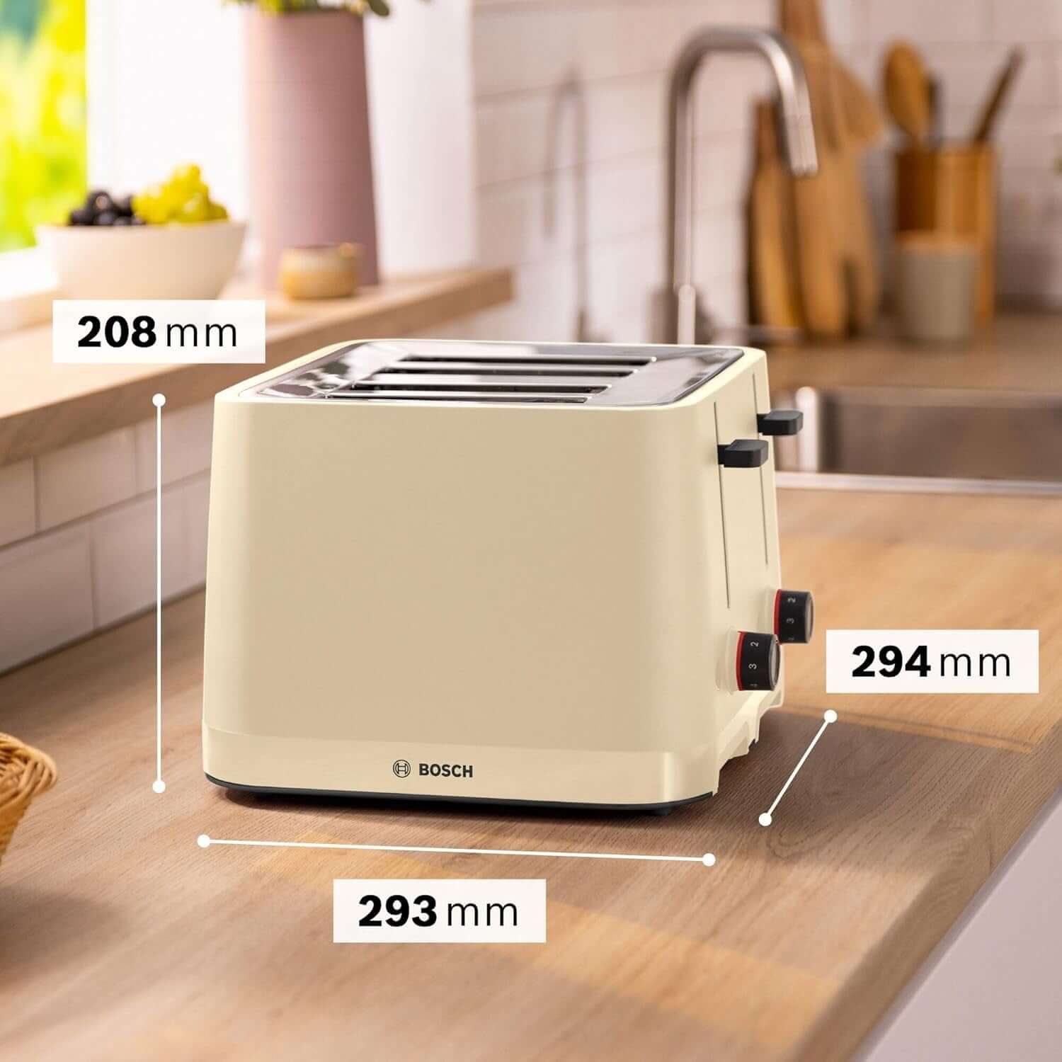 BOSCH MyMoment TAT3M147GB 1900W 4 SLICE TOASTER DEFROST/REHEAT FUNCTION BEIGE on a kitchen countertop.