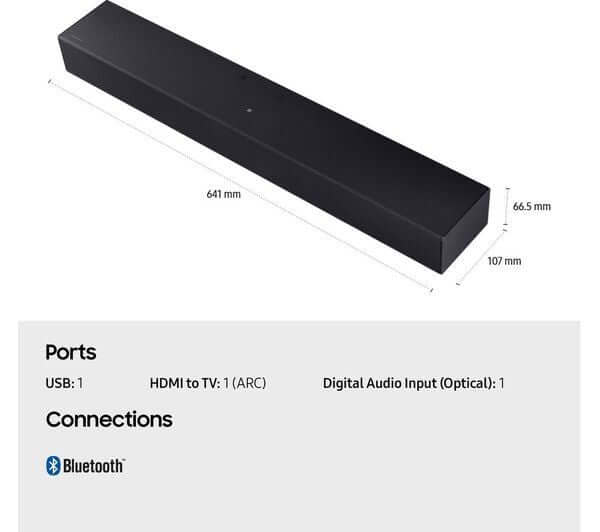 SAMSUNG HW-B400F 2.0 ALL-IN-ONE SOUNDBAR 40W BUILT-IN SUBWOOFER HDMI OPTICAL NEW connections and dimensions.