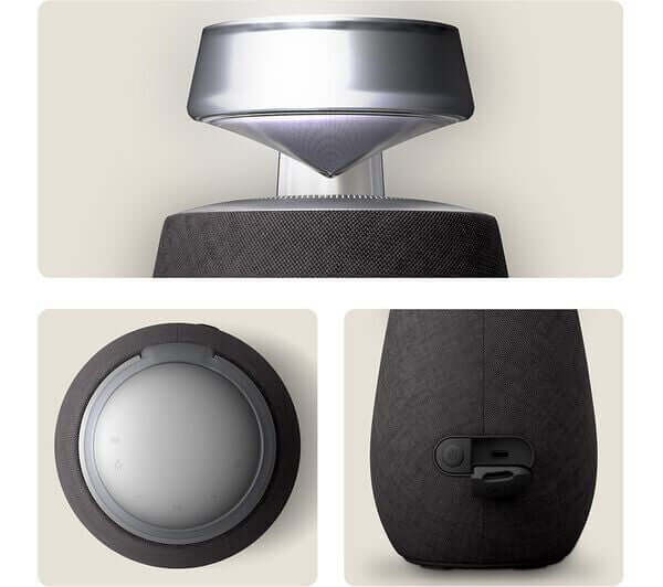 LG XBOOM 360 XO2 Bluetooth speaker showcasing its unique design with omnidirectional sound and RGB lighting features.