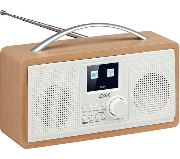 LOGIK L45DABW23 PORTABLE DAB+ FM RADIO MAINS OR BATTERY WHITE & BROWN 2.4" TFT with LCD display and antenna.