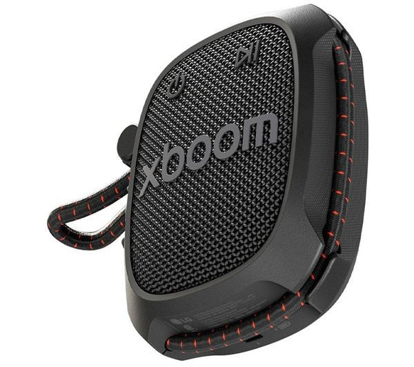 LG XBOOM ROCK PORTABLE BLUETOOTH SPEAKER WATERPROOF DUSTPROOF IP67 AUX-IN BLACK side view with strap